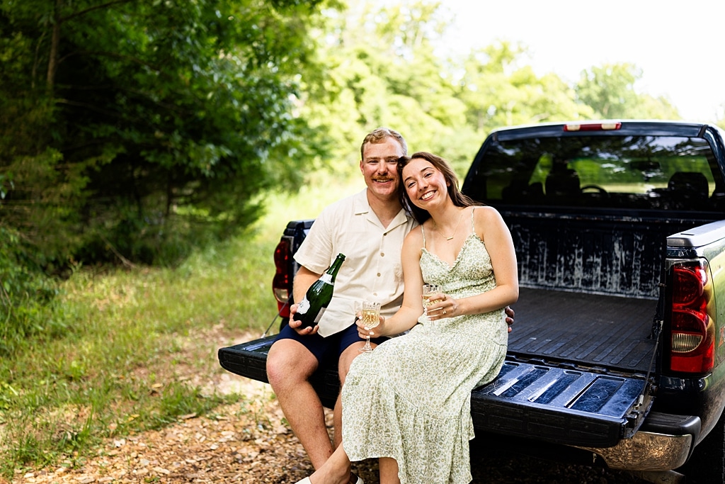 Groom to be proposing during surprise wedding proposal at family home | Emotional reaction during surprise wedding proposal at family home in Missouri | Couple celebrating after surprise wedding proposal at family home | Portraits of newly engaged couple after surprise wedding proposal